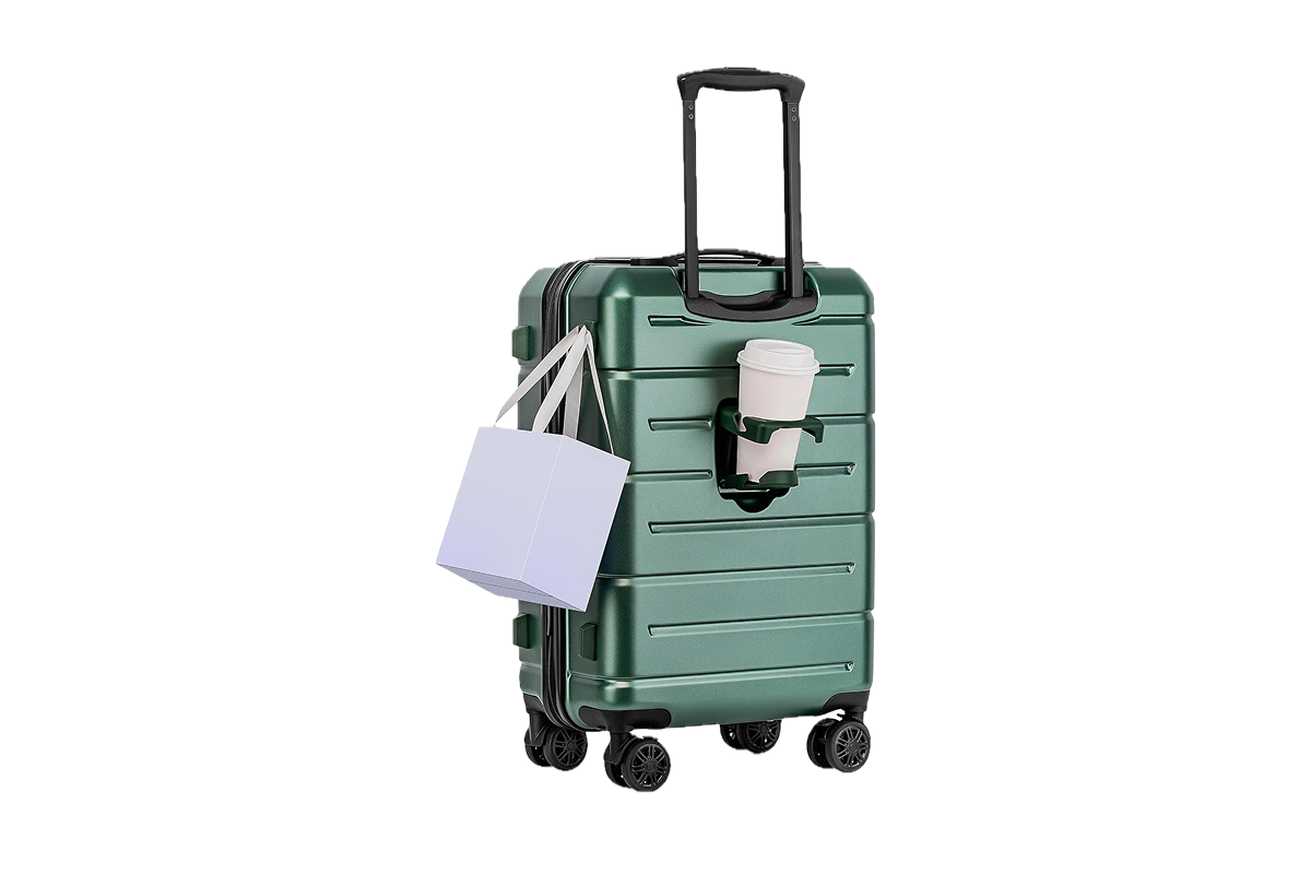 A green, hard shell, carry-on suitcase with a cup holder and accessory tab.