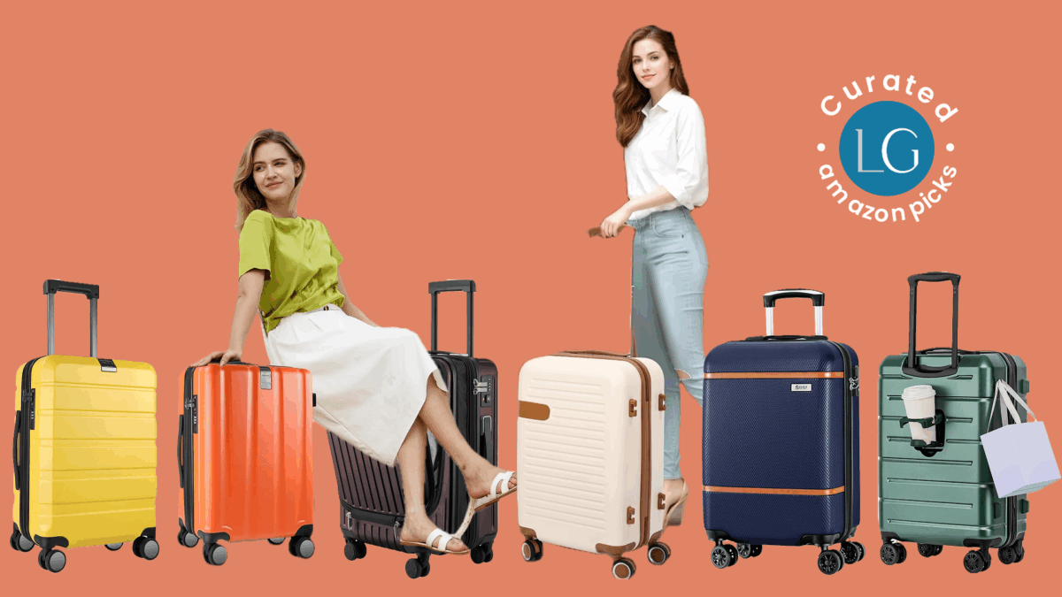 Two woman surrounded by different colored carry-on luggage.