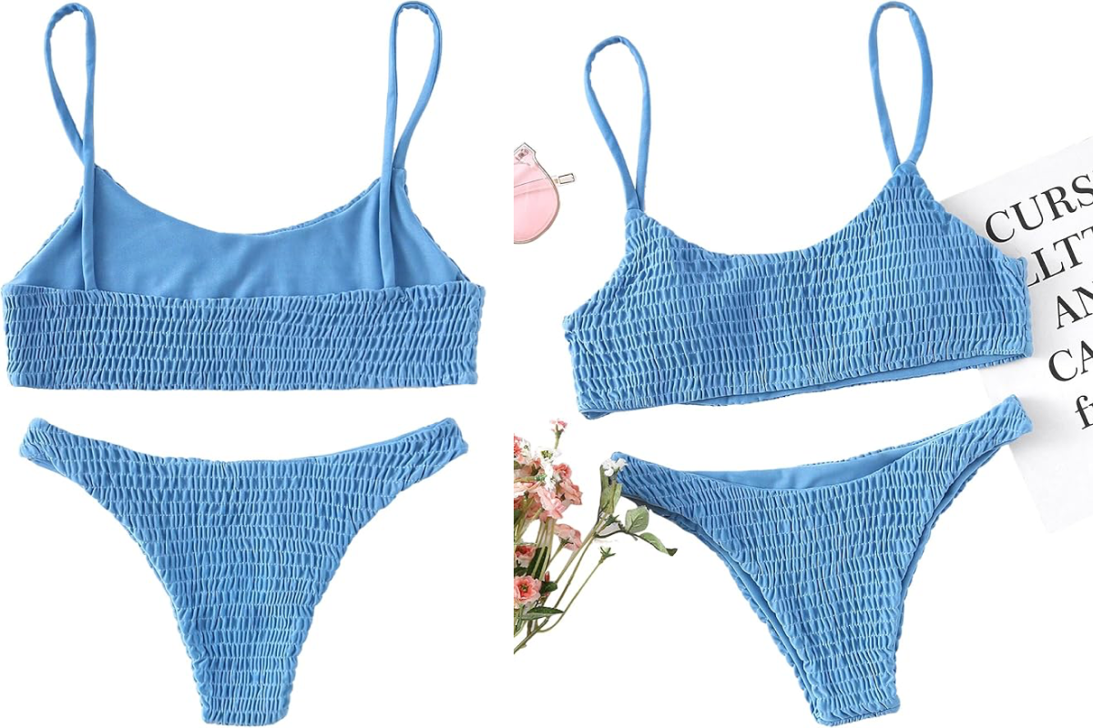 Two images of a light blue smocked bikini, featuring a bralette-style top with adjustable spaghetti straps and high-cut bottoms. Surrounding the bikinis are some flowers and partial text on a white background.