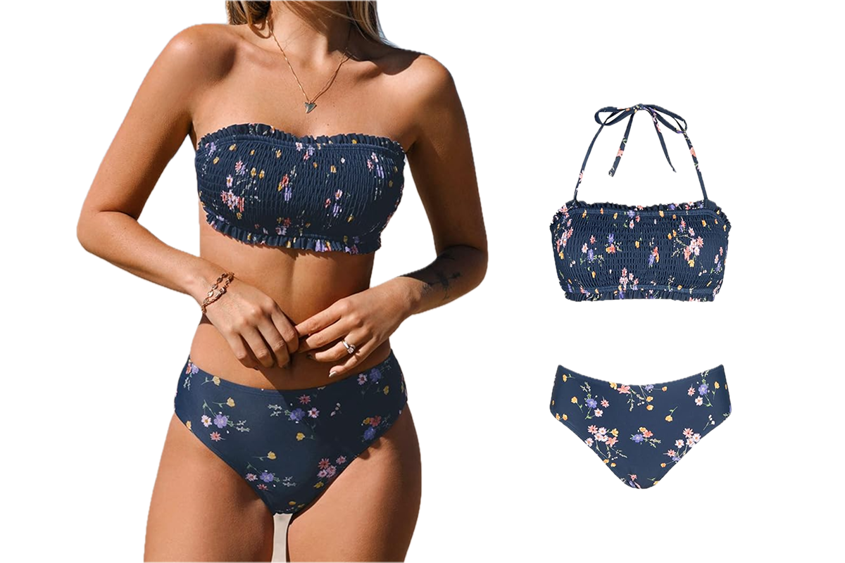 A woman is wearing a floral bikini.