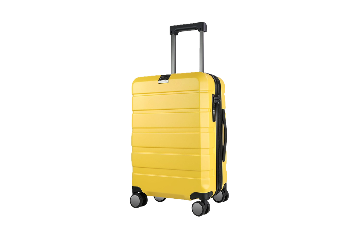 A yellow carry-on suitcase with roller wheels.