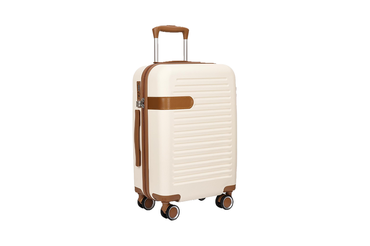 A white hardshell carry-on with tan trim.