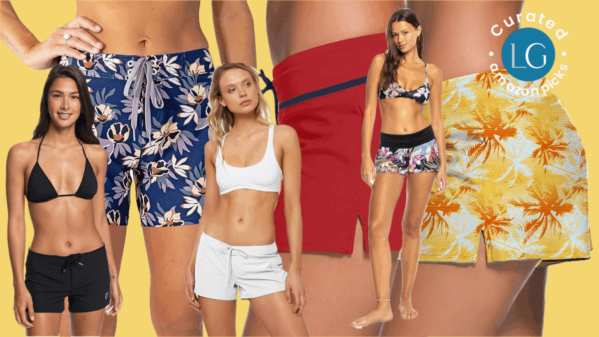 "In the background, women are seen wearing blue floral board shorts, red board shorts, and yellow pineapple-print board shorts. In the foreground, three women stand side by side—one in a black bikini top with matching black board shorts, another in a white bikini top and white board shorts, and the third in a floral bikini top with matching floral board shorts.