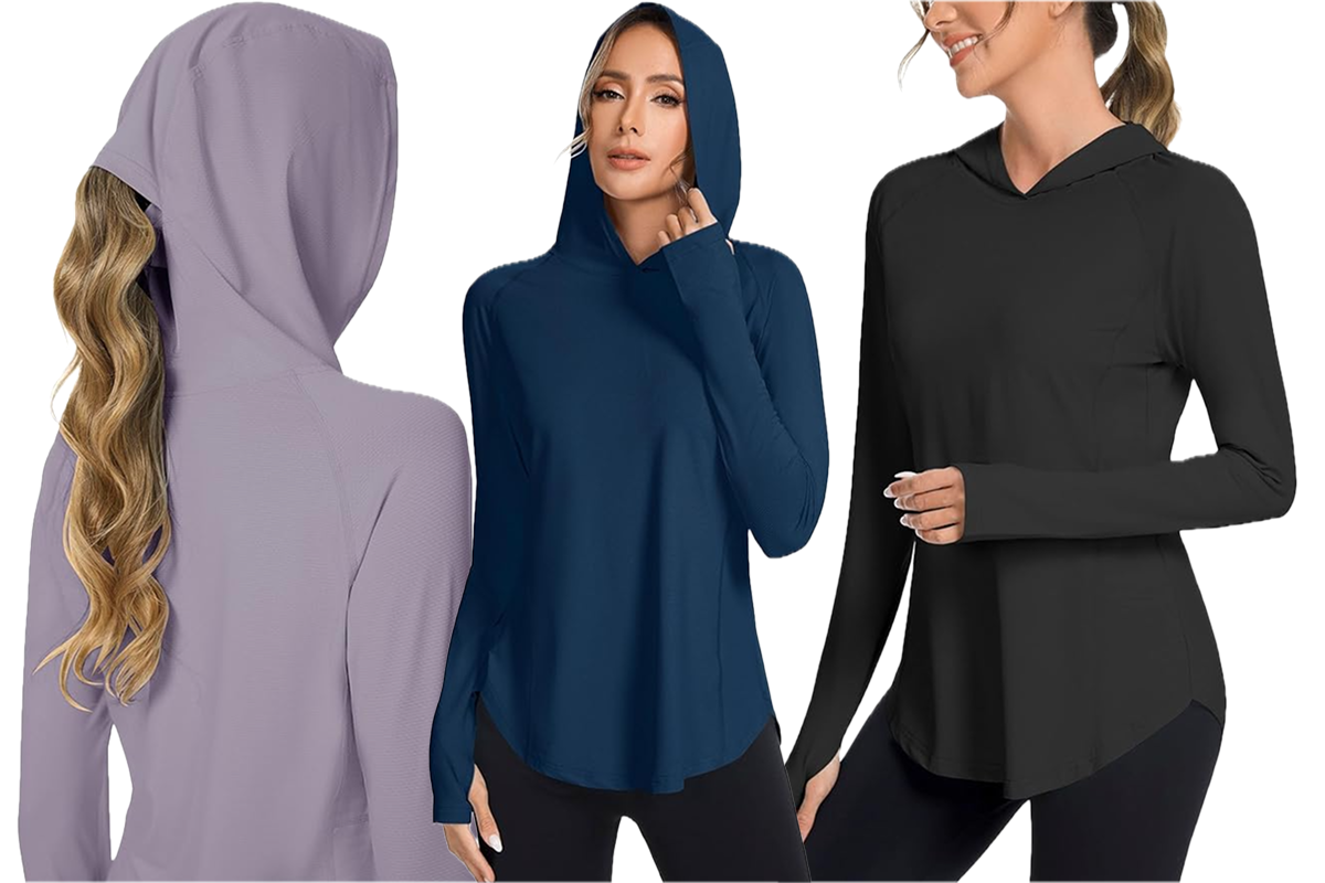 This image features a woman wearing a purple hoodie; a woman wearing a blue hoodie; and a woman wearing a black hoodie.