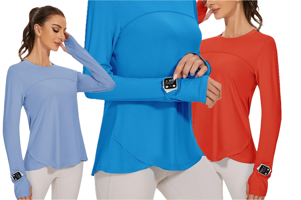 This image features a woman wearing a light blue top and off-white bottoms; a woman wearing a bright blue top and off-white bottoms; a woman wearing an orange top and off-white bottoms.