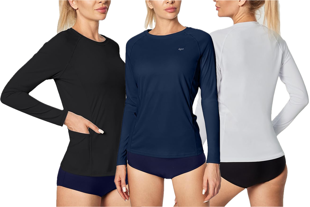 Three women are shown wearing black swim bottoms, each paired with a different top—one in black, one in navy, and one in white.