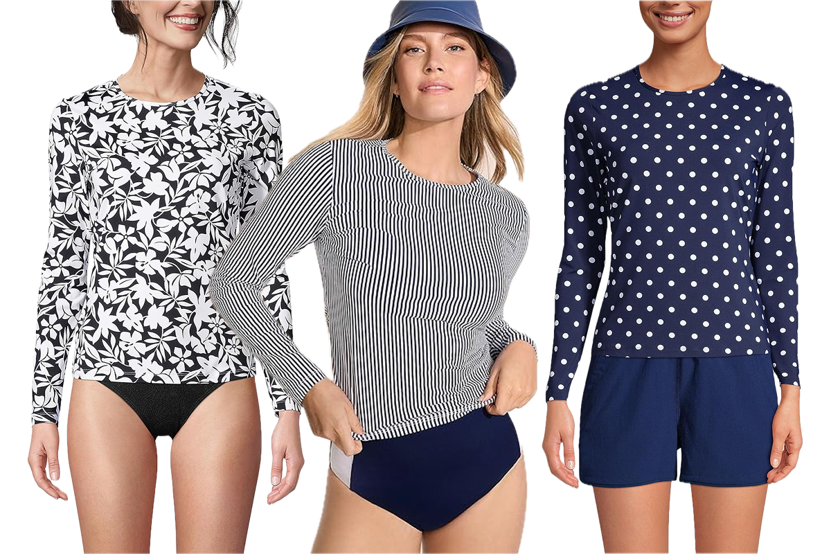 This image features a woman wearing a black and white floral shirt and black bottoms; a woman wearing a blue and white stripe top and blue bottoms; and a woman wearing a blue shirt with white polka dots and blue bottoms.