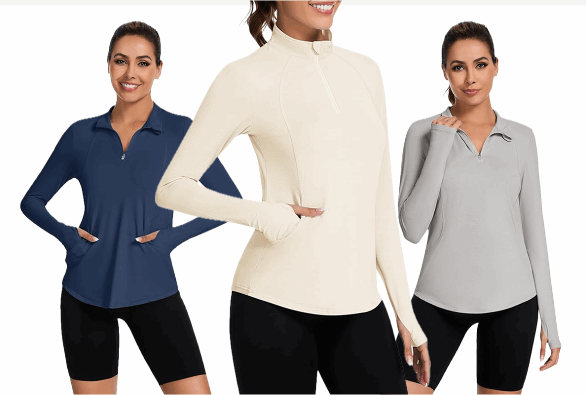This image features a woman wearing a navy blue top and black bottoms; a woman wearing an off-white top and black bottoms; a woman wearing a grey top and black bottoms.