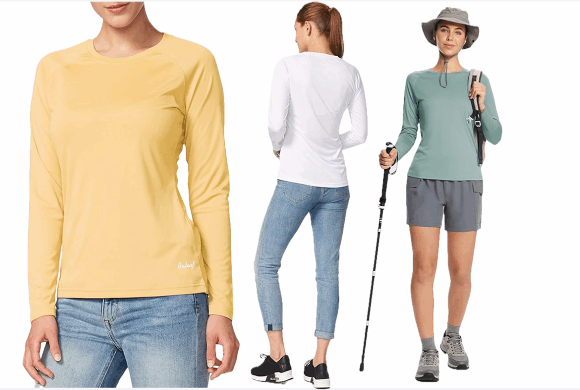This image features a woman wearing a yellow top and denim jeans; a woman wearing a white shirt and denim jeans; and a woman wearing a green top and grey shorts, holding a walking stick.