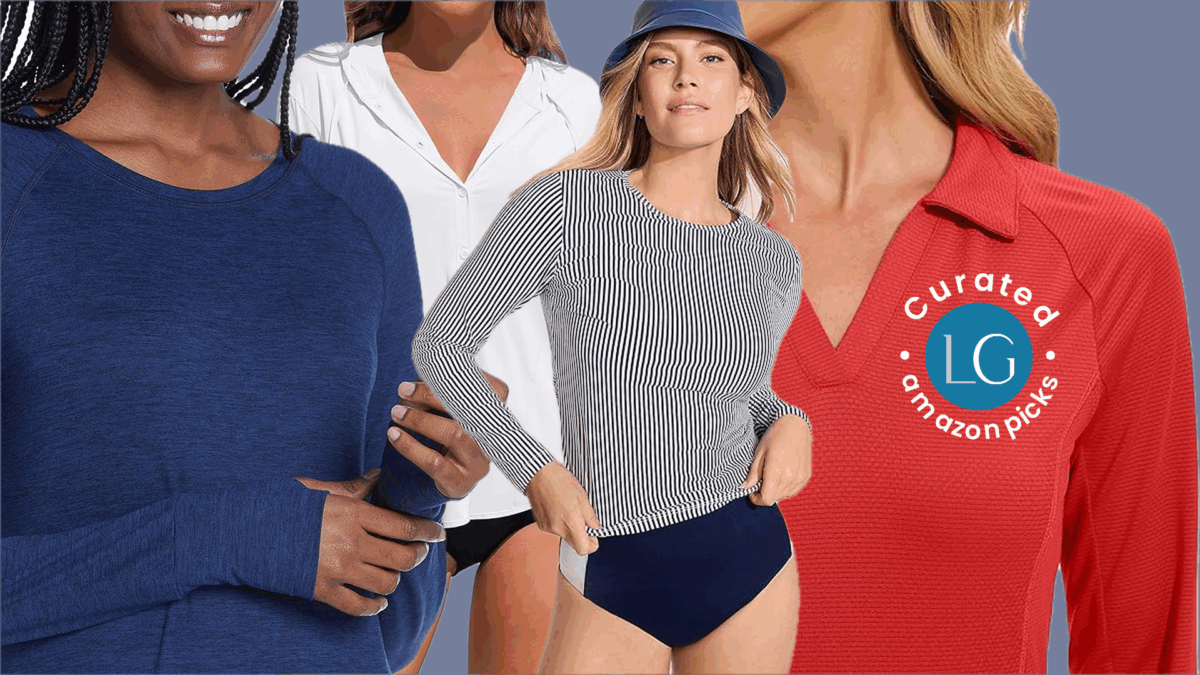 Four women are shown wearing long sleeve tops - one in navy, one in white, one in blue and white stripes, and one in red.
