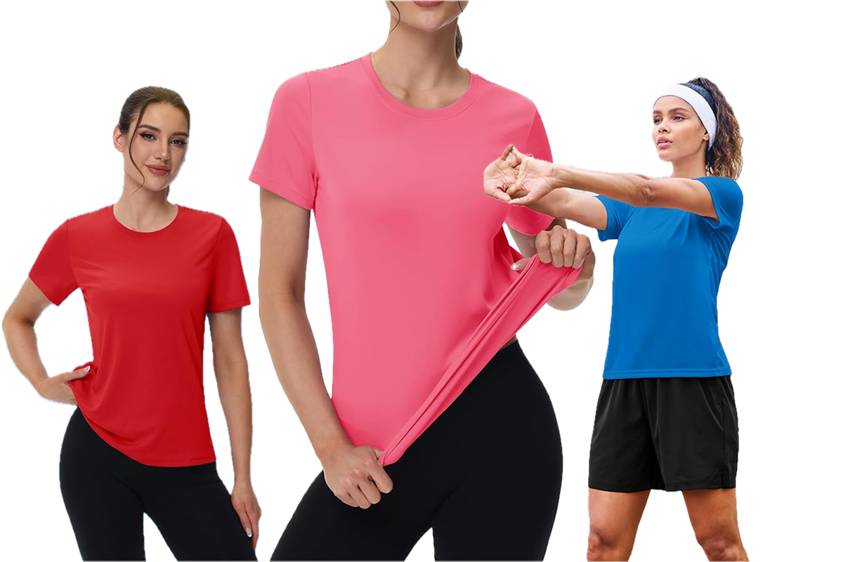 This image features a woman wearing a red top and black leggings; a woman wearing a pink top with black leggings; and a woman wearing a blue top and a black skirt.