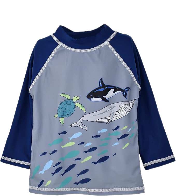 A navy blue and grey shirt with an ocean scene on the front. A green turtle, a pink whale and black whale with a school of fish in light blue, green and navy blue swimming underneath.