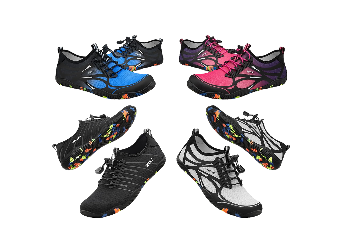 Four pairs of water sneakers, blue and black, black on black, pink on black, and white on black.