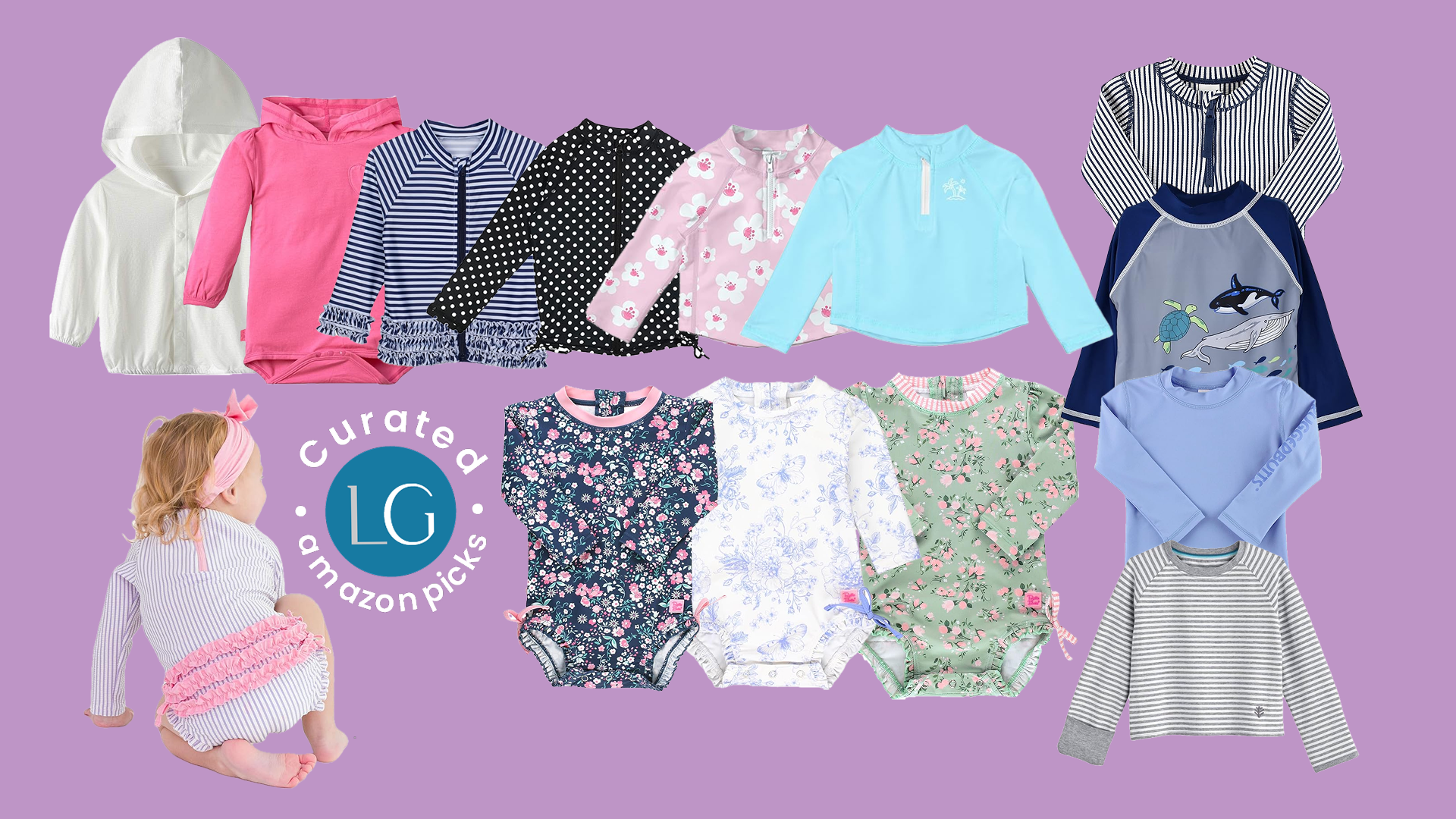 A white hoodie, a pink onesie, a polka dot zip up, a pink floral with long sleeve top, an orange shirt with blue sleeves with surf boards, a blue and white stripe top, a navy blue top, a grey and white top, a periwinkle top.