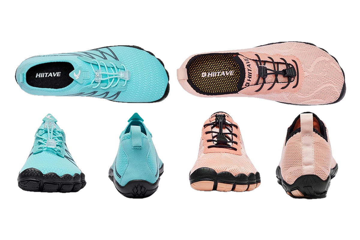 Three sides of a turquoise blue water shoe, and three sides of a light pink water shoe.