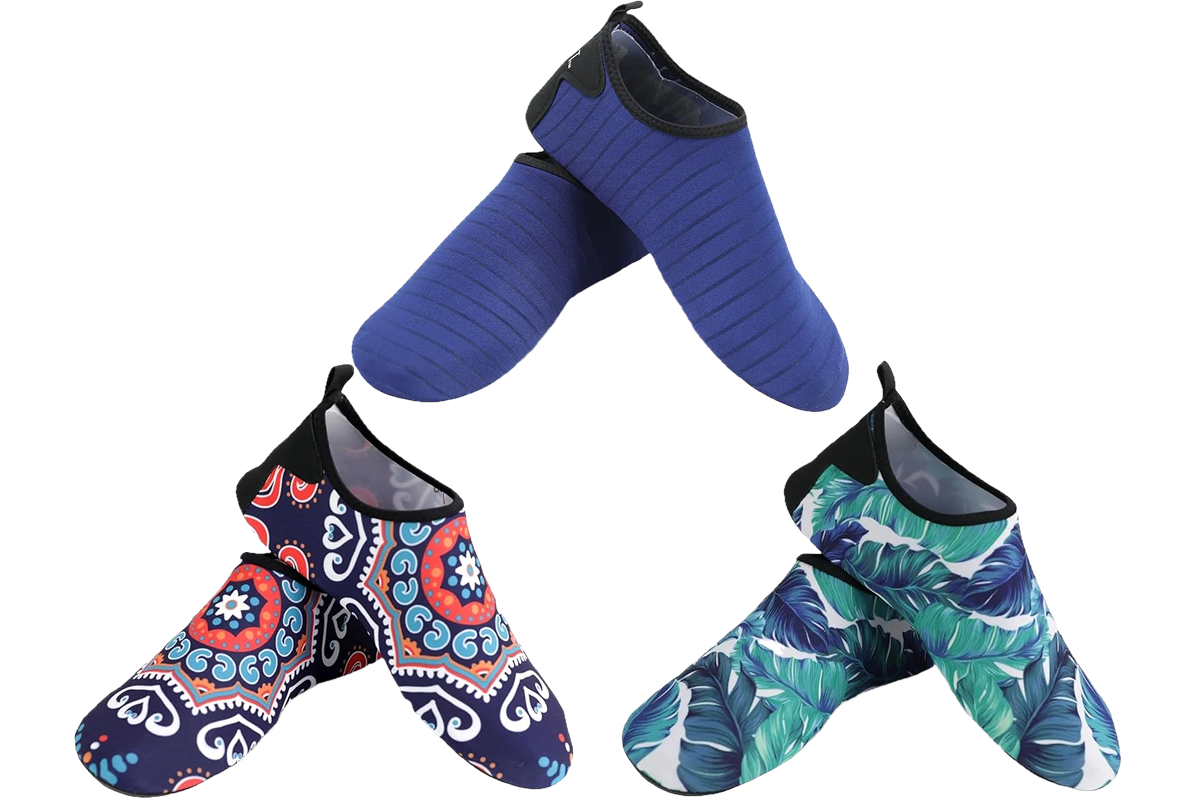 A navy blue solid, a vibrant island pattern in blue, white, and pink, and a tropical blue and green leaf design.