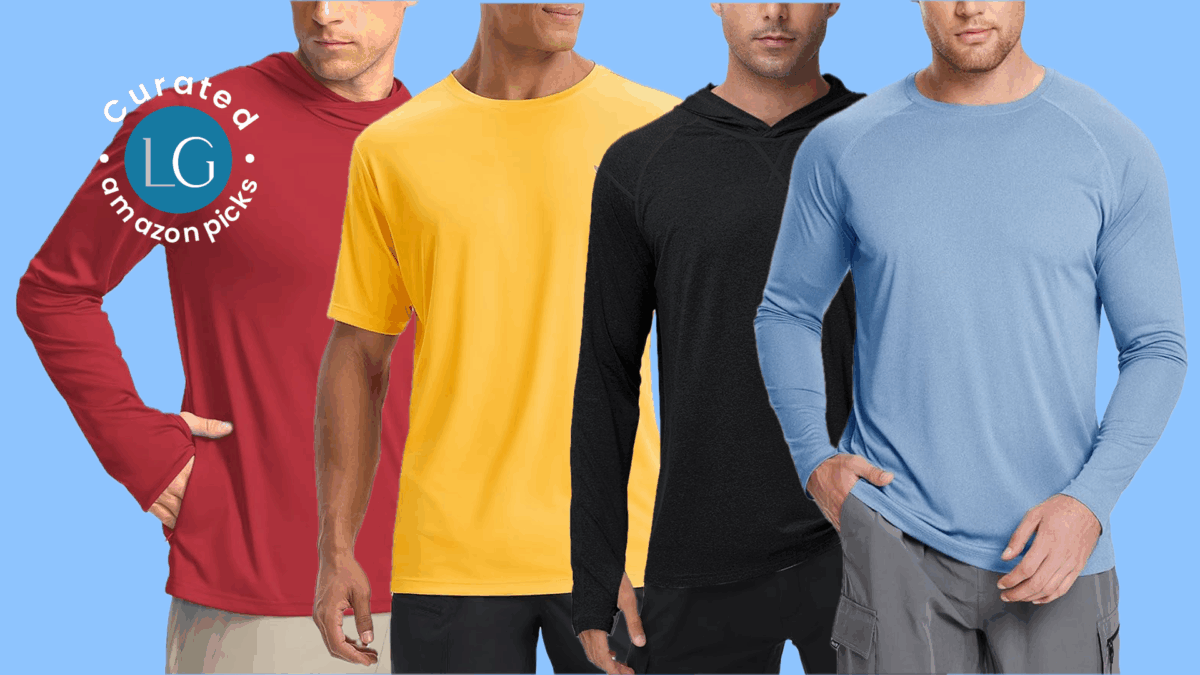 A man wearing a red top and tan bottoms; a man wearing a yellow top and black bottoms; a man wearing a black top and black bottoms; a man wearing a blue top and grey bottoms.