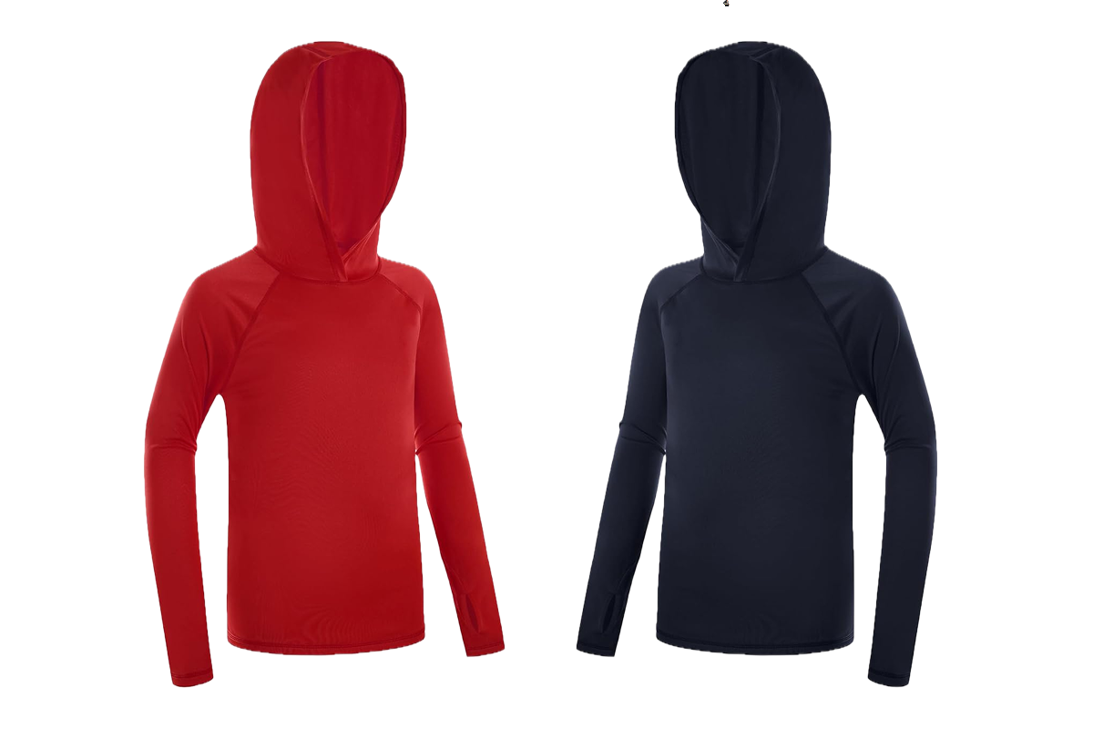 This image features three long-sleeve, hoodie swim shirts, one red and one blue.