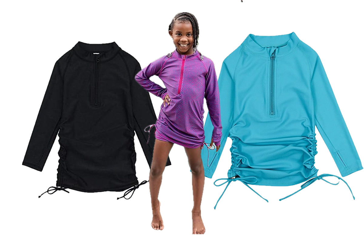 A long-sleeve black swim top, a girl wearing a long-sleeve purple swim top, and a long-sleeve teal swim top.