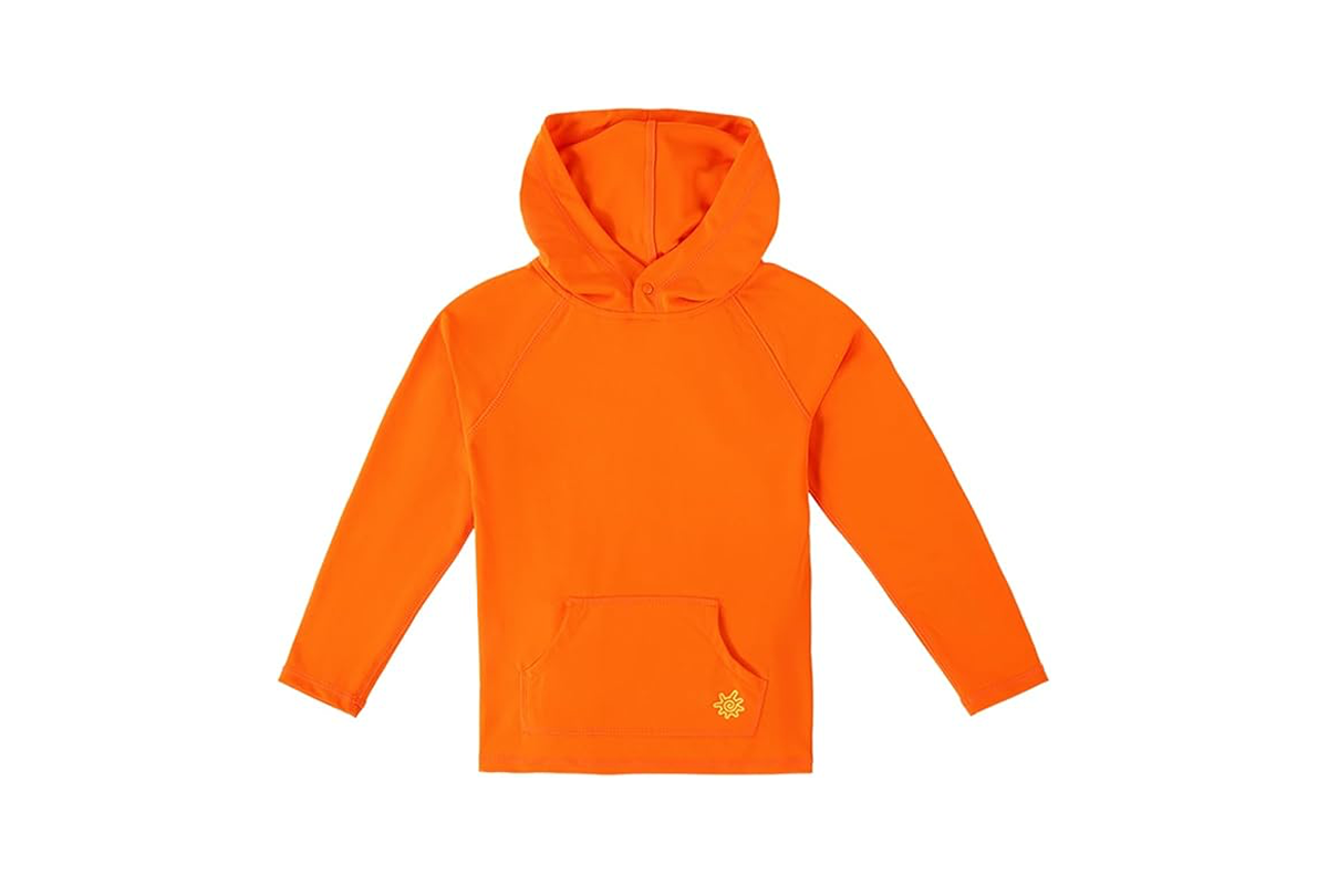 A bright orange, long sleeve, hoodie shirt.