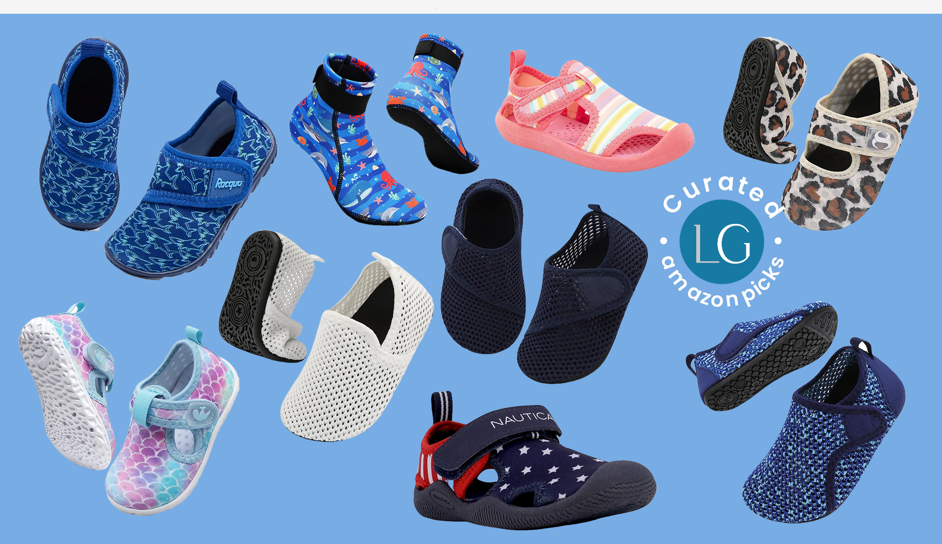 Blue shark print shoes, under-the-sea print with crabs, octopi, sharks and dolphins, a pair of pink and blue fish scale print shoes, a pair of white mesh shoes, a pair of water shoes with stars and stripes, a pair of pink sandals with pastel stripes of yellow, blue and green and a pair of cheetah print water shoes.