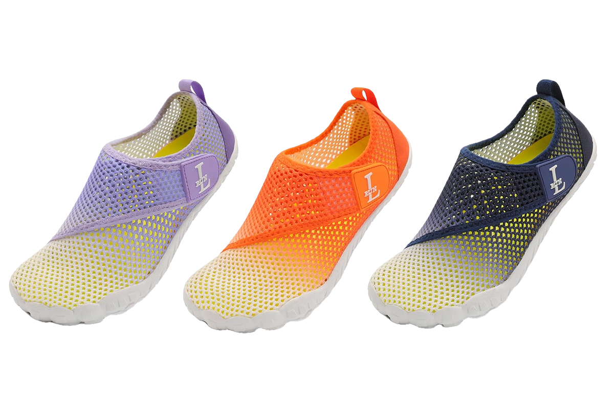 Three hombre-style shoes: one in lavender, one in orange, and one in black.