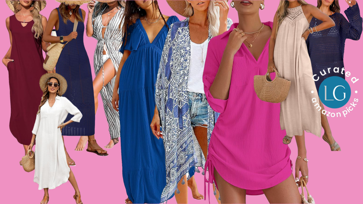 Images of women wearing an array of colorful beach cover ups.