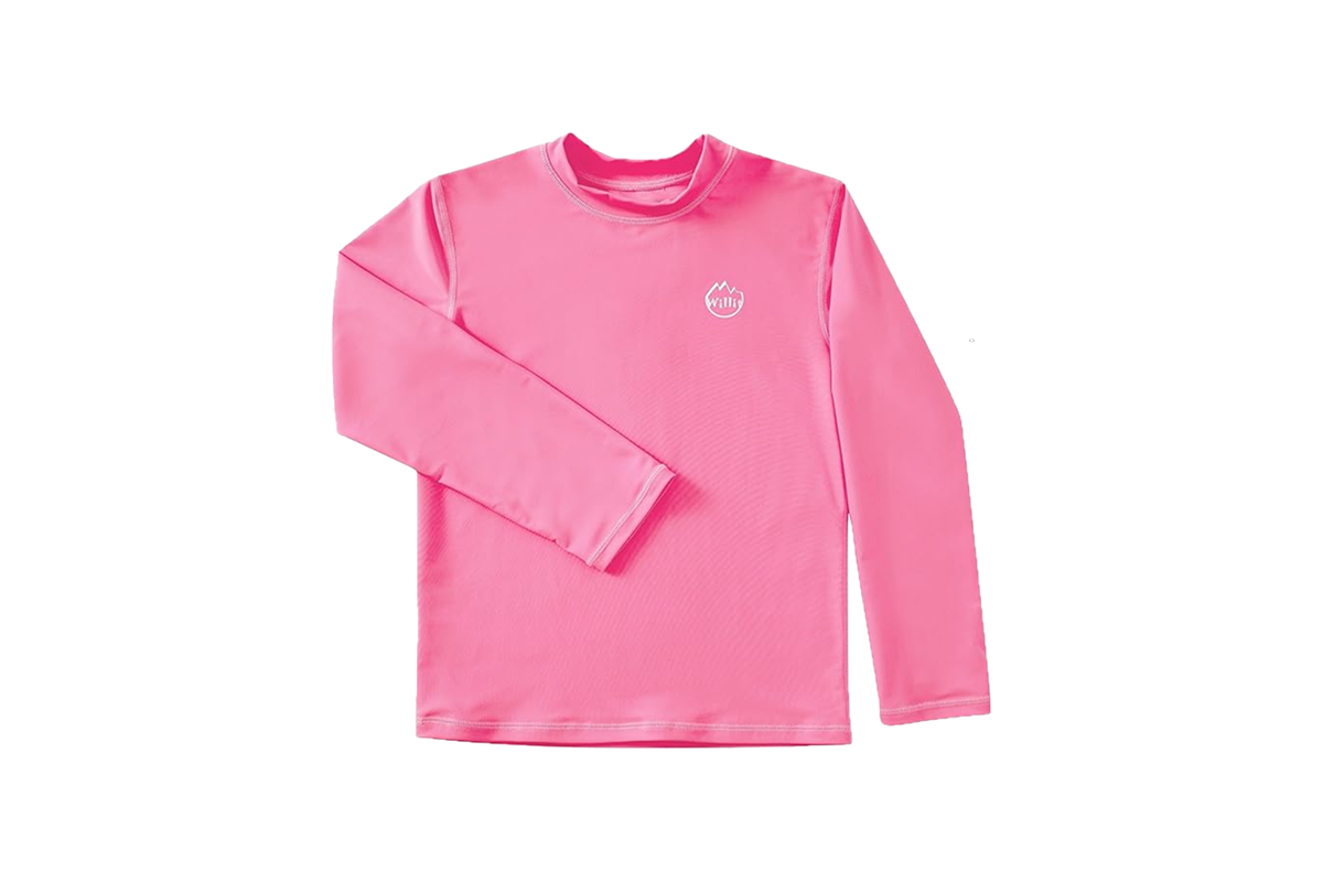 Long sleeve, pink shirt with a white emblem on the upper left chest.