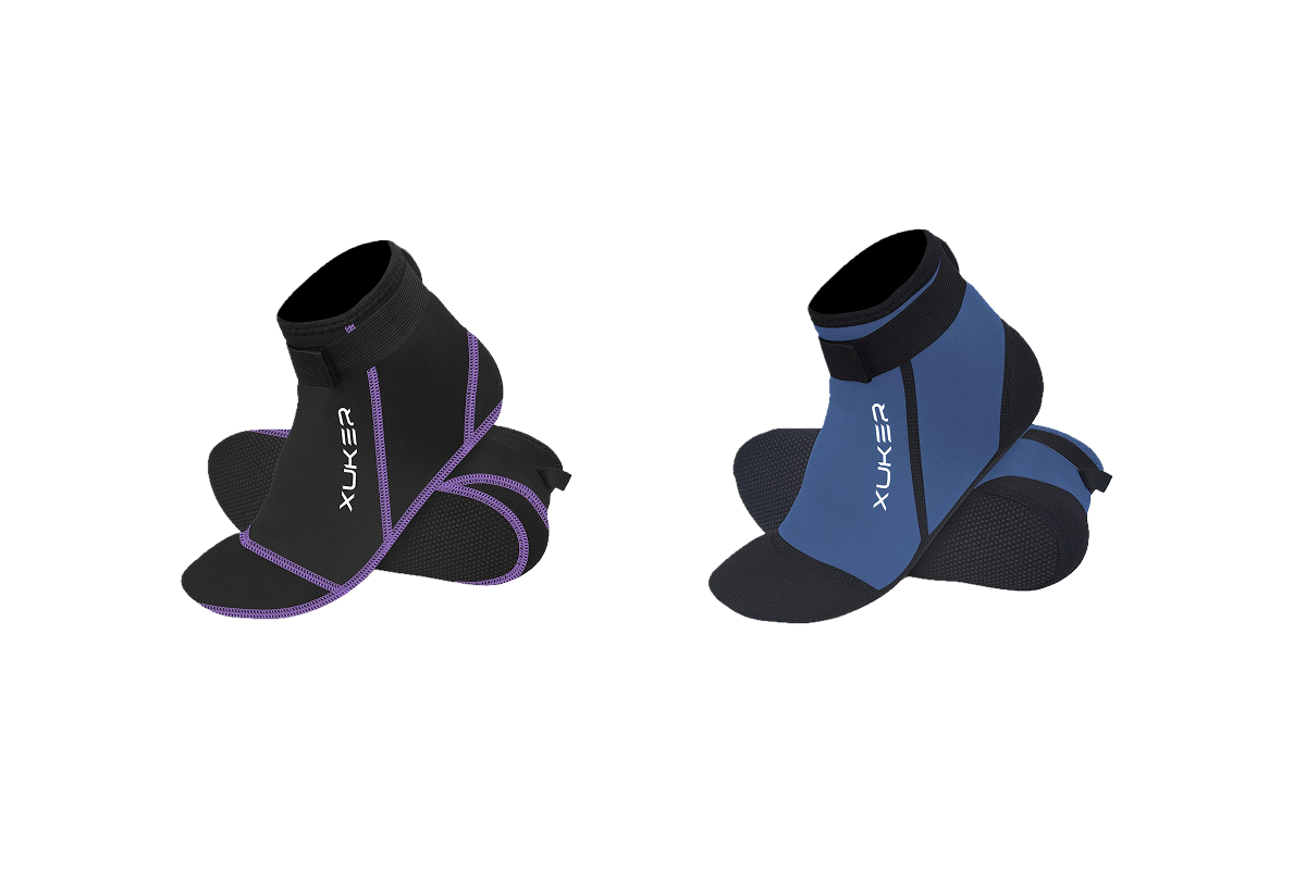 A pair of black and purple water booties and a pair of black and blue water booties.