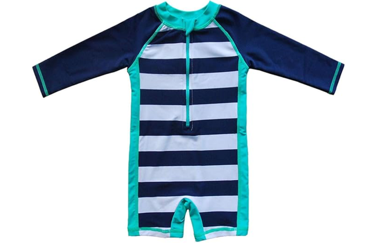 A long-sleeve one-piece swimsuit for children featuring horizontal navy blue and white stripes on the front, navy blue sleeves, and teal trim around the collar, zipper, sleeves, and sides. Perfect as a protective baby UV top for sunny days at the beach or pool.