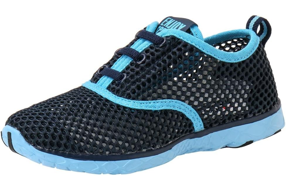 A black mesh athletic shoe with blue accents and a blue sole, designed for both comfort and style. This breathable shoe features black laces, a pull-tab on the heel for easy wearing, and prominently displays the brand name on the tongue. Perfectly versatile, they can double as water shoes for toddlers.