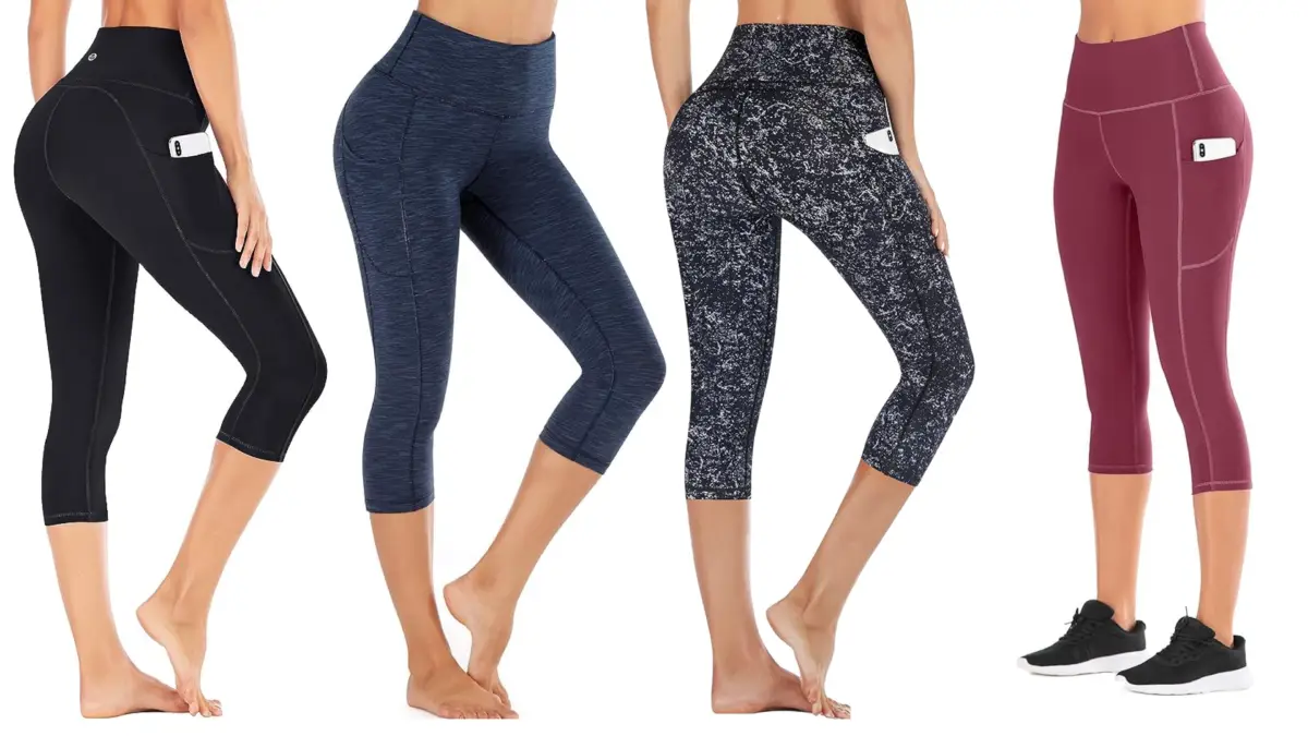 Four women are modeling different pairs of cropped yoga pants with side pockets that hold small items like mobile phones. The leggings come in black, blue heather, blue patterned, and burgundy colors. The women are barefoot except for the one in the burgundy yoga pants, who is wearing black sneakers.