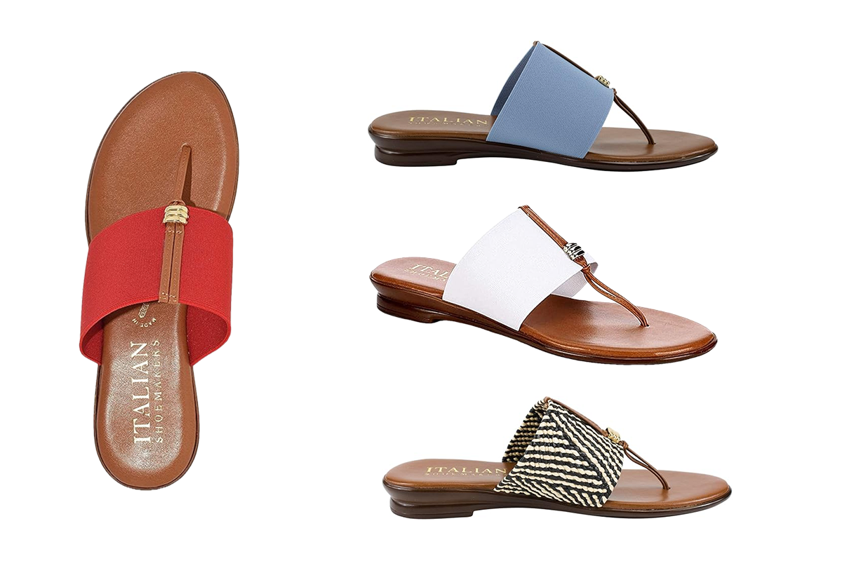 A red flip flop sandal, a blue flip flop sandal and a white flip flop sandal.