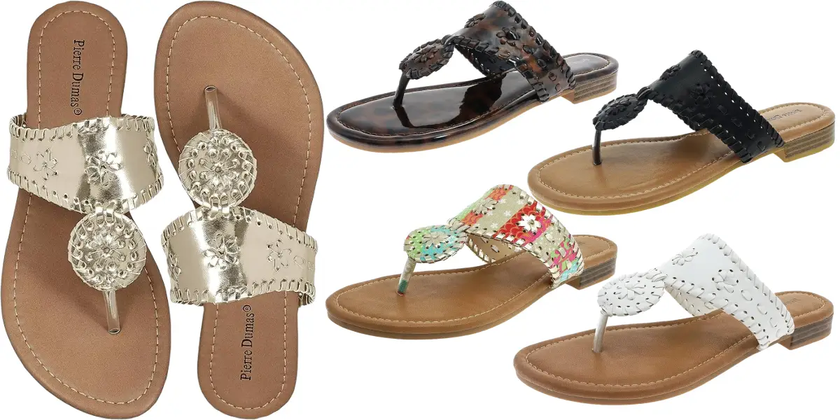 A collection of women's flip flops by Pierre Dumas in various colors and designs, including metallic gold, glossy brown, black, white, and multicolored floral. These stylish thong sandals feature a toe ring and decorative perforations on the straps.