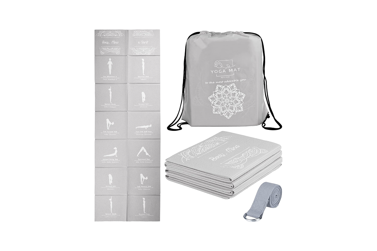 An unfolded grey yoga mat with yoga poses printed on the front, shown next to the mat in its carrying bag and also folded below.