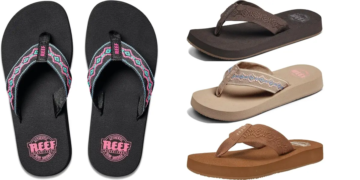 An image featuring four pairs of Reef brand women's flip-flops. The pairs are arranged with one black pair on the left showcasing a colorful geometric pattern. On the right, there are three pairs in shades of brown and beige, each with varying subtle decorative patterns.