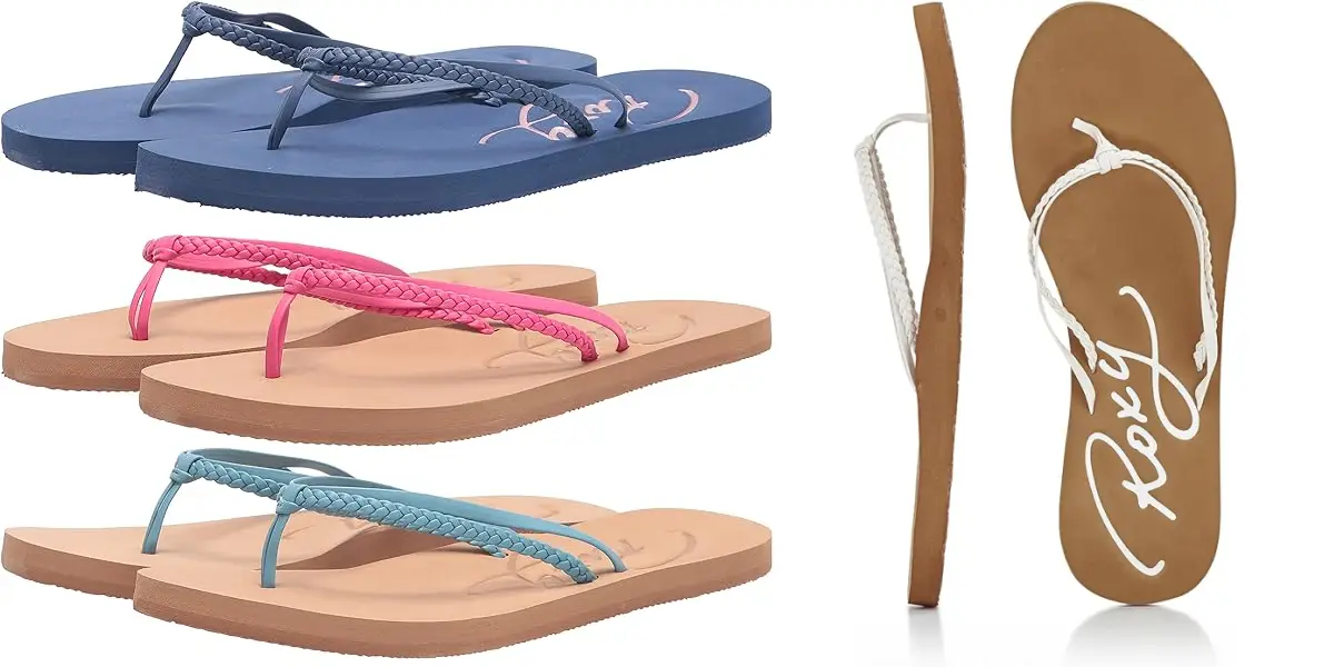 The image shows four pairs of women's flip flops from Roxy in different color combinations: navy blue with a braided strap, pink with a braided strap, light blue with a braided strap, and brown with a white strap. One pair is shown in profile to display the thickness of the sole.