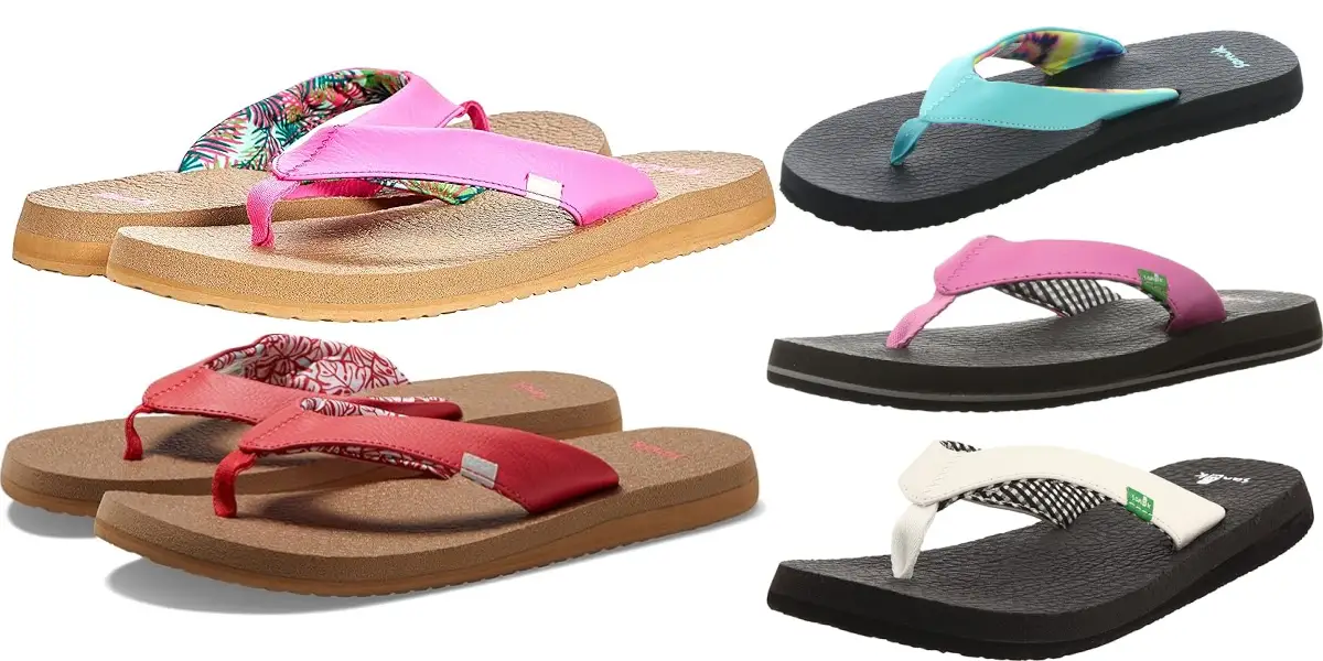 This image showcases five pairs of women's flip flops, each boasting a unique color and design: pink with floral straps, turquoise with black soles, white with black details, red with patterned straps, and black with pastel blue straps.