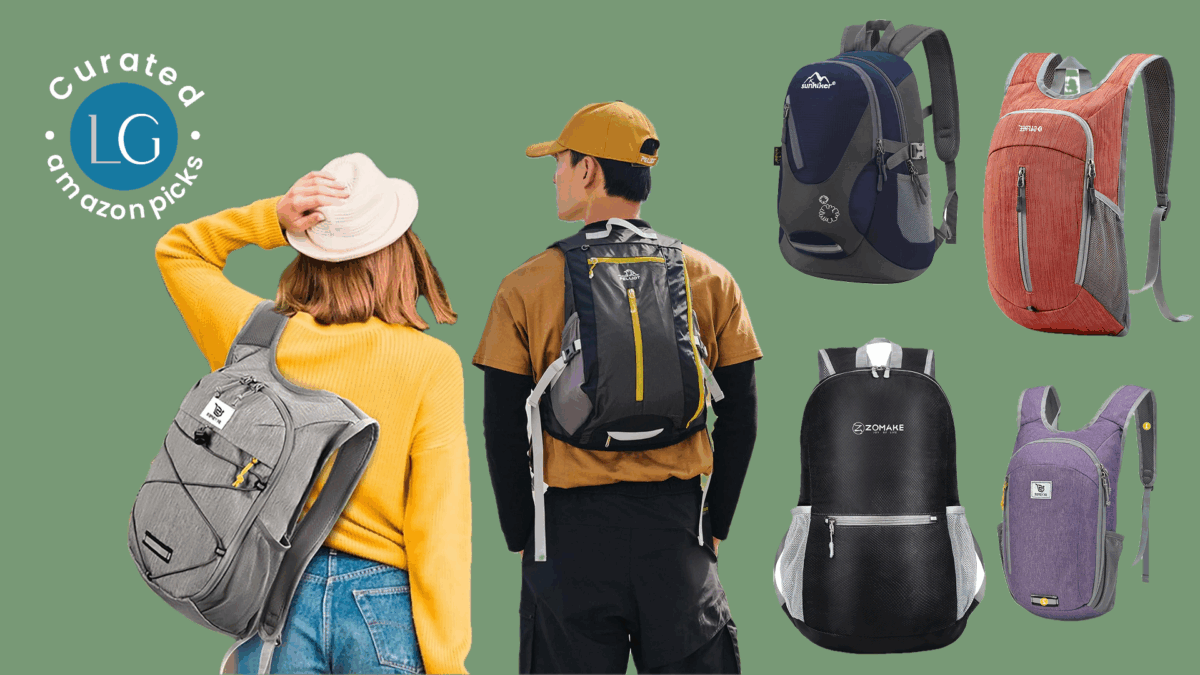 This image features a man and a woman hiker. The woman is wearing a yellow sweater, a white hat, a grey backpack and blue jeans. The male hiker is wearing a tan hat, a tan short sleeve tee shirt, and black pants.