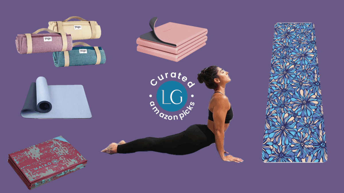 A collage of yoga mats surrounds a woman in the Sarpasana pose, all set against a purple background.