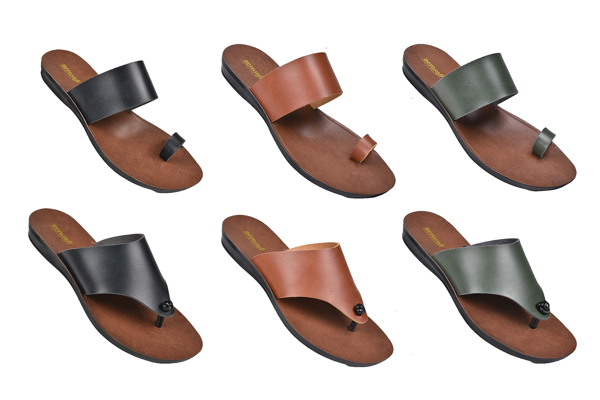 Six flip flop style sandals, two black, two tan, two green.