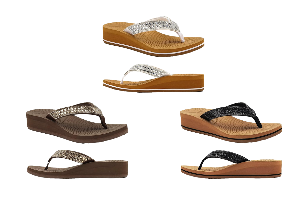 Three pairs of rhinestone flip flops, including a tan pair, a white pair and a black pair.