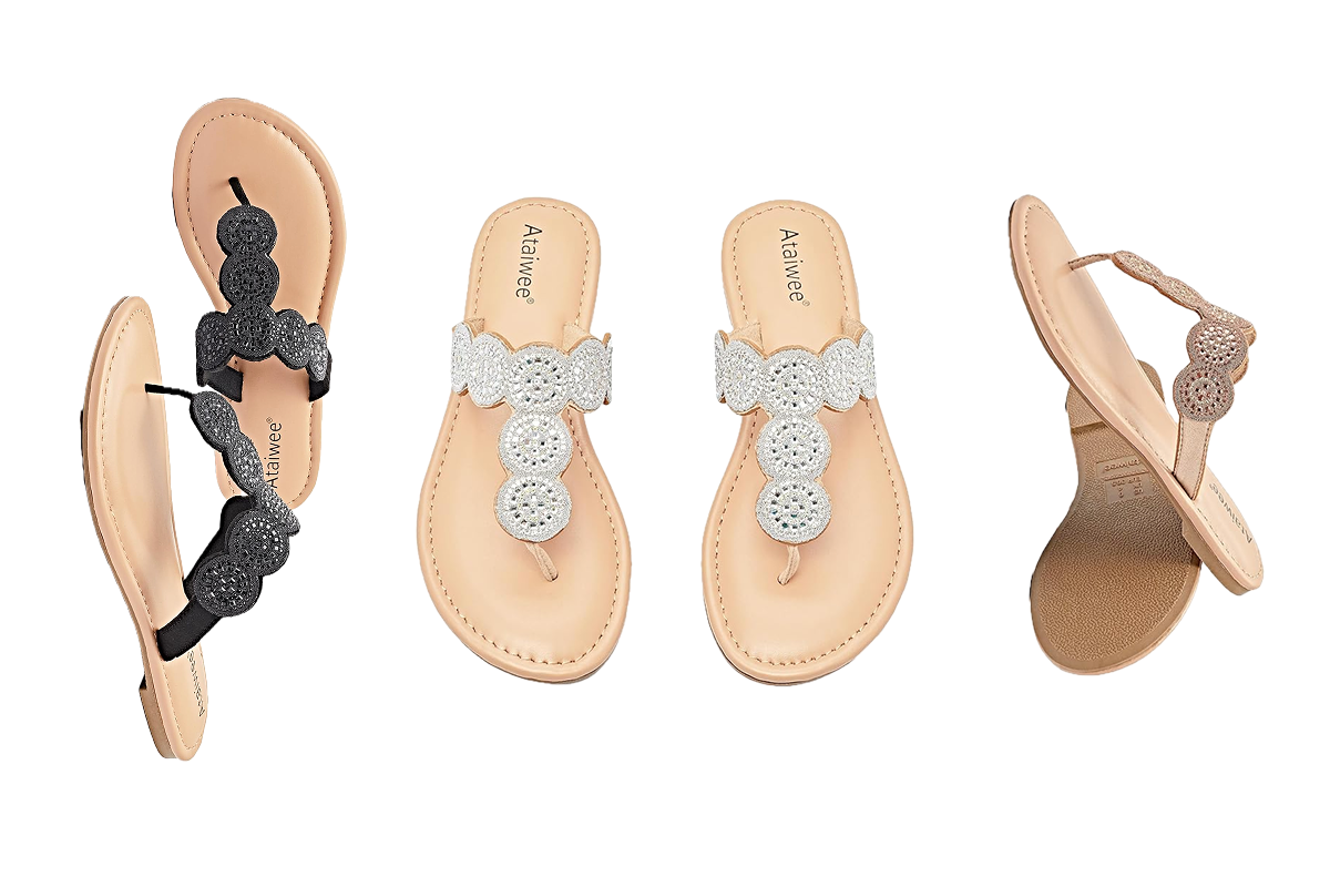 A pair of sandals with a black, crystal encrusted strap is next to a pair of sandals with a white, crystal encrusted strap, next to a pair of sandals with a tan, crystal encrusted strap