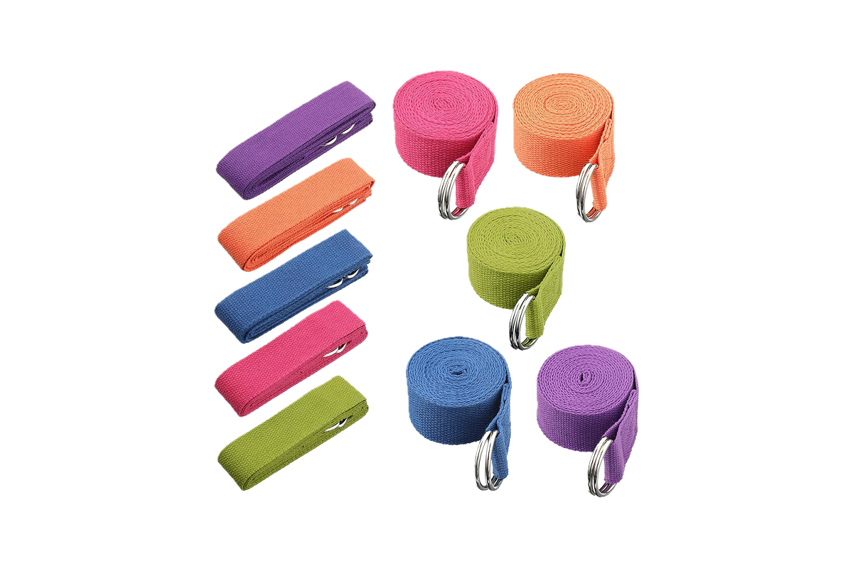 Ten yoga straps in a rainbow of colors.