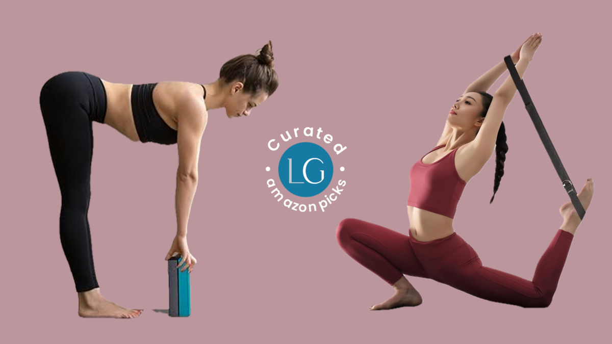 A woman bending over and leaning on a yoga block, and a woman using a yoga strap to assist in a yoga pose.