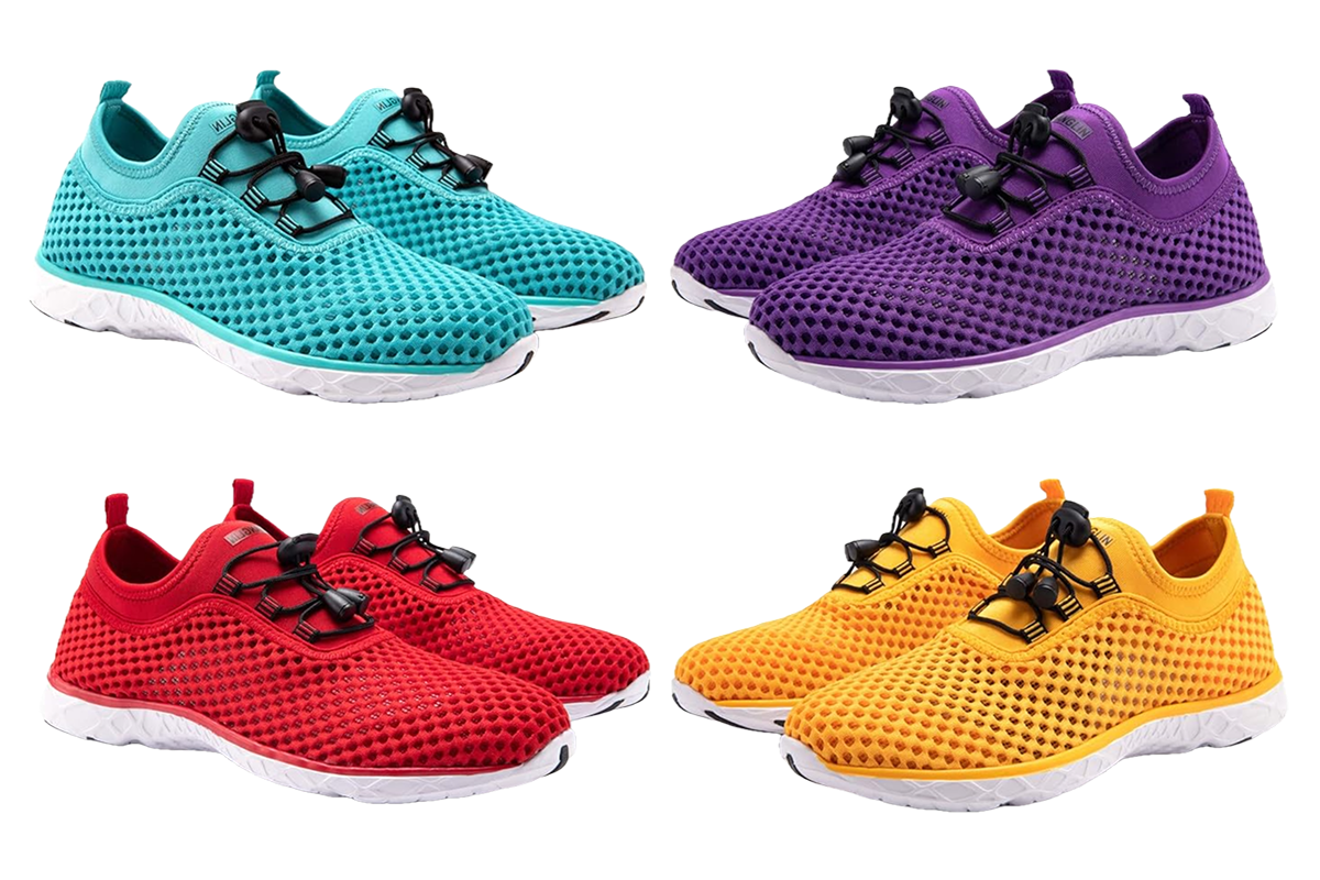 A pair of teal blue mesh sneakers, a pair of purple mesh sneakers, a pair of yellow mesh sneakers, a pair of red mesh sneakers.