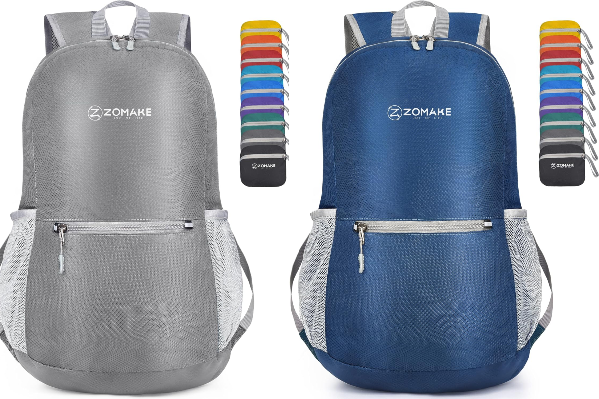 Two ZOMAKE small daypacks are displayed side by side. The left one is gray, and the right one is blue. Both have the ZOMAKE logo, front zipper pockets, and mesh side pockets. Above, a vertical array shows various color options available, including red, green, purple, and black.