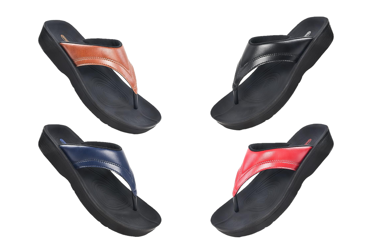 Four flip flop style sandals, tan, black, navy blue and pink.