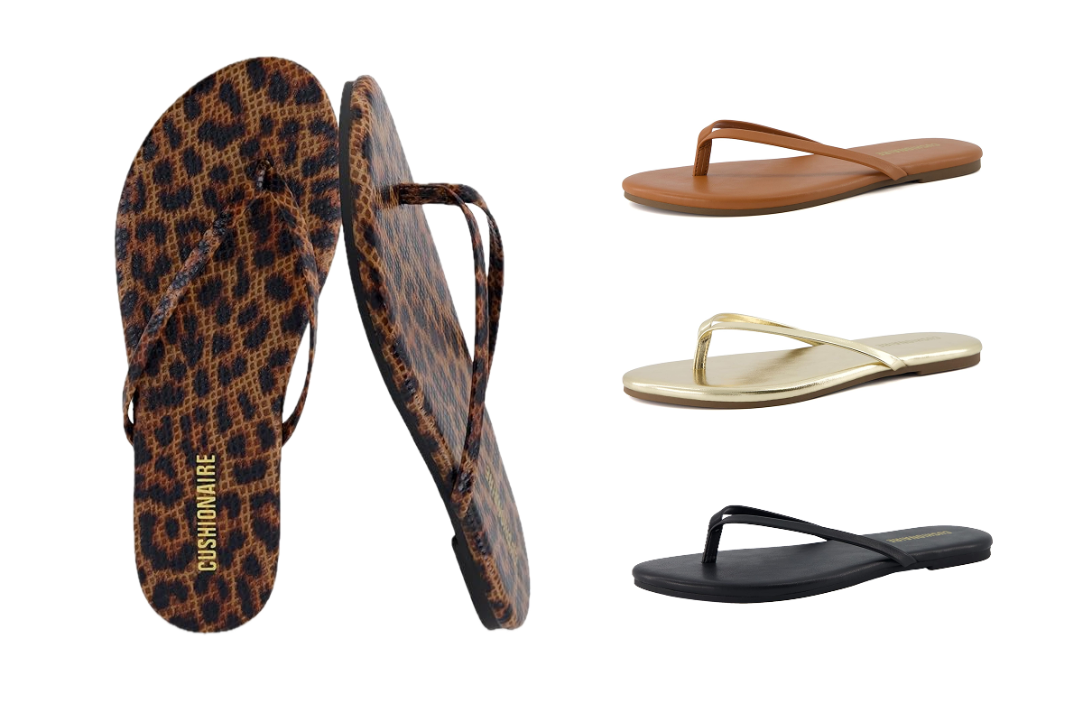 A pair of cheetah print lip flops, a single tan flip flop, below that is a single gold flip flop, and below that is a single black flip flop.