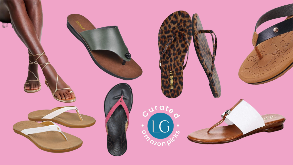 A pair of women's legs wearing told, scrappy sandals. A flip flops with a green leather strap, a pair of flip flops with a white leather straps, a pair of cheetah print flip flops